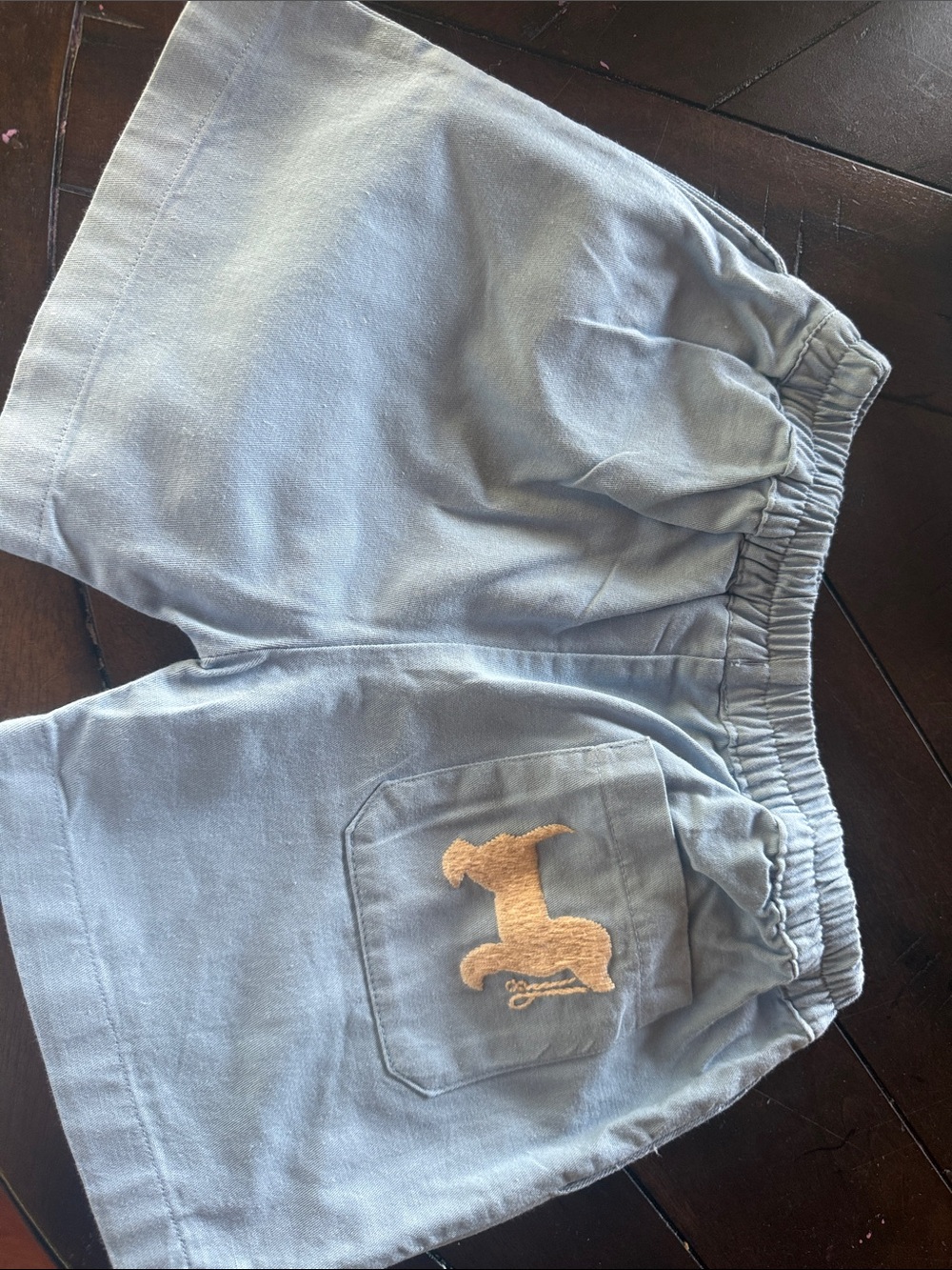 Light Blue Elastic-Waist Kids Shorts with Tan Embroidered Pocket Accent